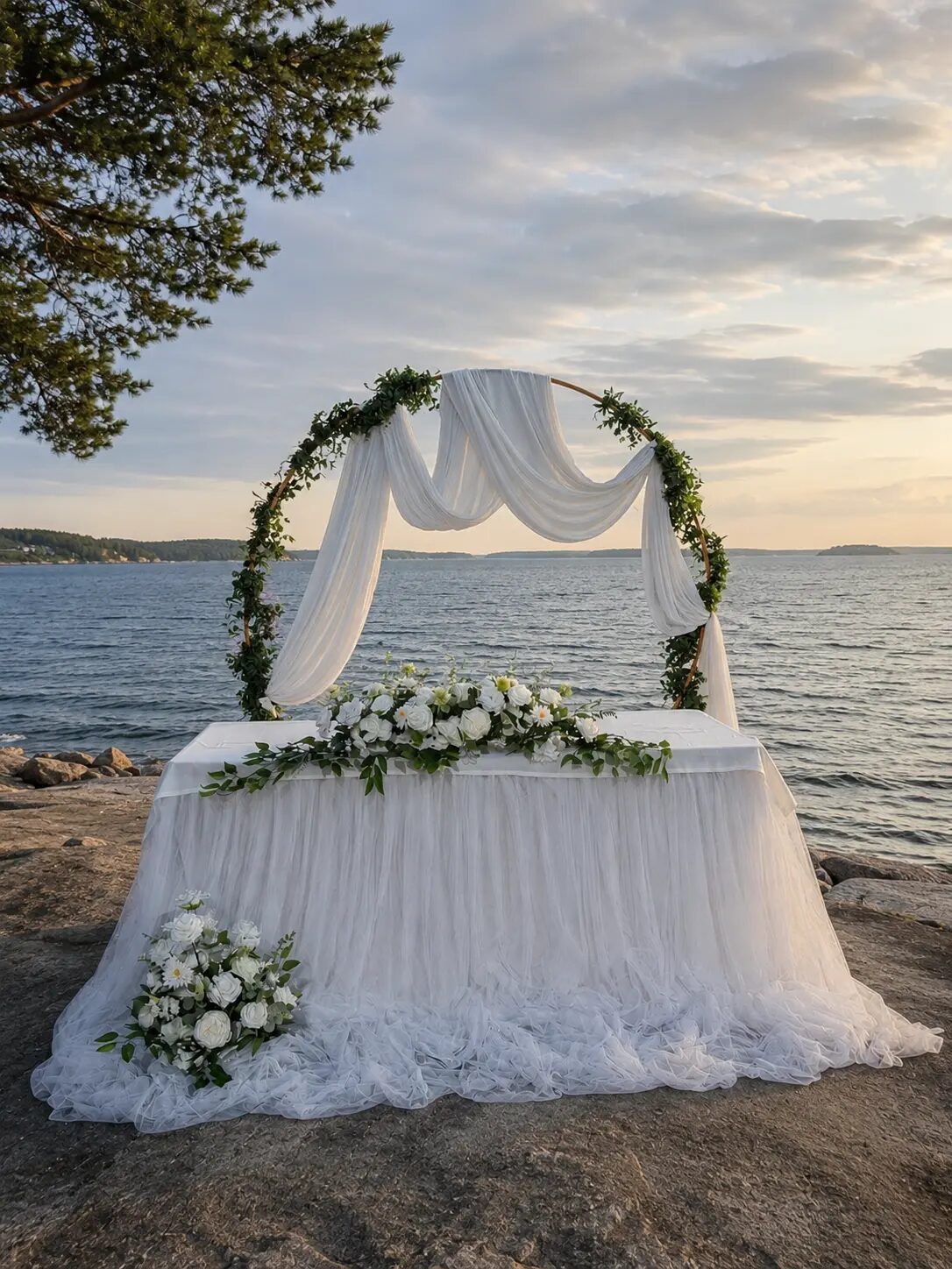 Valkoinen häähuppu kalliolla